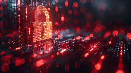 A digital security concept featuring a padlock with binary code flowing around it against a dark background.