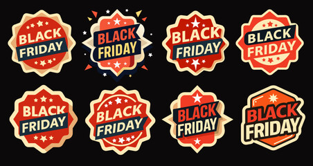 Set of eight retro style badges in red, black, orange and beige, featuring text announcing black friday sales, for retail promotion