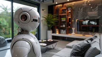An artificial intelligence assistant concept with a digital avatar and voice command interface in a smart home environment.