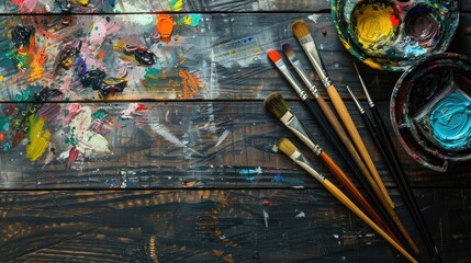 Art supplies on a dark wooden table