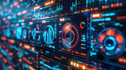 Fototapeta premium Abstract representation of data analytics with colorful charts, graphs, and digital icons on a virtual screen.