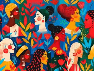 A colorful illustration of women's faces surrounded by stylized flowers and leaves.