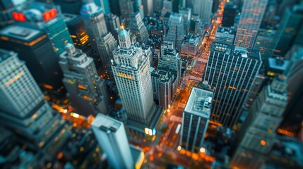 Aerial view of a bustling city with iconic skyscrapers and busy streets.