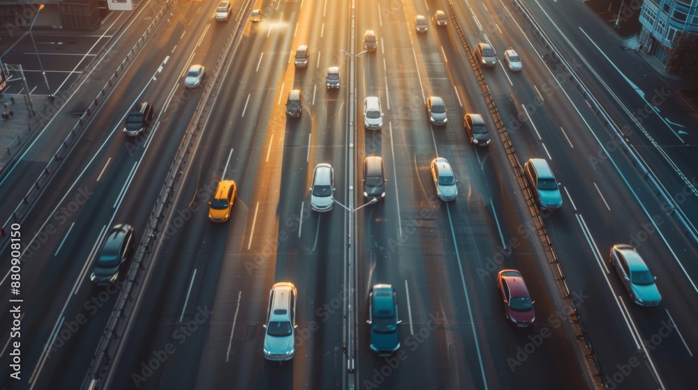 Poster aerial view of a highway with vehicles moving smoothly during rush hour traffic.