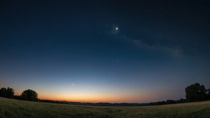 Fototapeta premium A serene landscape at twilight featuring a starry sky, crescent moon, and vast field, perfect for concepts like tranquility, nature, and rural beauty