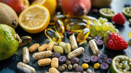 Assorted Vitamins and Supplements Displayed with Fruits