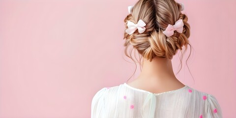 Naklejka premium View of a blonde woman with pastel bows in her hair from behind. Concept Blonde Woman, Pastel Bows, Hair, Back View, Portrait