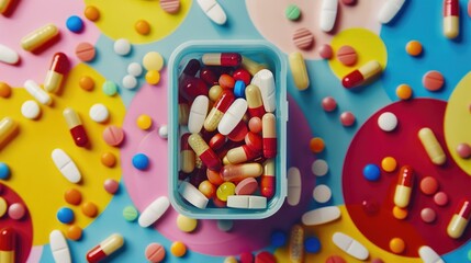 Assorted Pills and Capsules in Container on Colorful Background