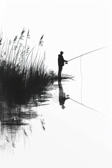 A black and white sketch of a lone angler fishing in a lake