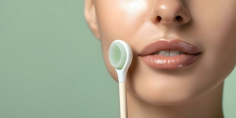 Beauty blogger using jade roller on face in front of organized skincare. Concept Beauty, Skincare, Jade Roller, Organized, Blogger