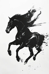 A black and white sketch of a horse galloping