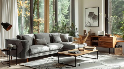 Modern living room interior design with large windows overlooking a forest.