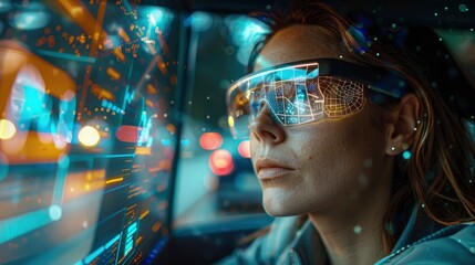 A futuristic augmented reality concept with digital overlays of virtual information and interactive user interfaces.