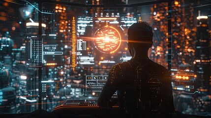 A futuristic augmented reality concept with digital overlays of virtual information and interactive user interfaces.