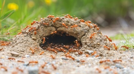 Fototapeta premium An ant hill with busy worker ants moving in and out of the entrance.