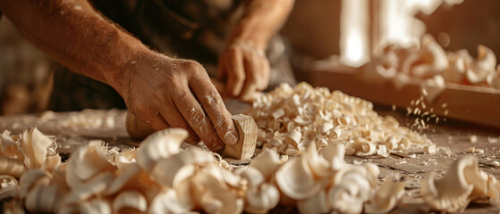 A craftsman&rsquo;s hands skillfully carving wood, surrounded by wood shavings, capturing the authenticity and dedication of traditional woodworking.