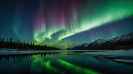 A breathtaking display of the aurora borealis over a serene lake, reflecting the vibrant colors in the snowy mountain landscape