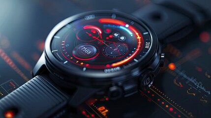 Close-up of a smartwatch with health monitoring sensors tracking vital signs and fitness activity data.