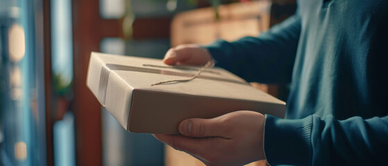 Obraz premium Hands holding a neatly wrapped parcel, suggesting a moment of anticipation and surprise in a cozy indoor setting.
