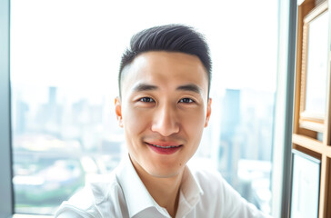 Selfie of asian smiling businessman indoor