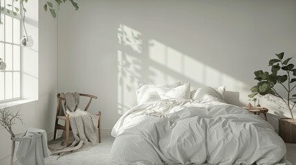 A serene white bedroom with a double bed, featuring Japandi minimal interior design, clean lines and natural materials