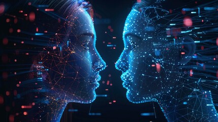 Abstract representation of digital twins technology with virtual replicas and data synchronization in a digital environment.