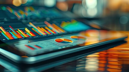 Close-up of a digital tablet with a financial planning app interface showing investment portfolios and financial projections.