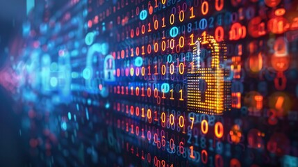A cybersecurity concept with digital padlocks and security keys against a backdrop of binary code and digital data flows.