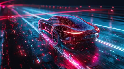 Futuristic autonomous vehicle concept with digital sensors scanning the road and navigation data overlays.