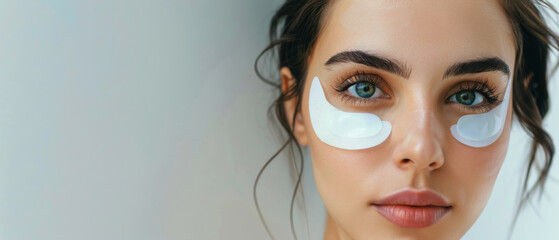 Close-up of a young woman with undereye patches, emphasizing self-care, skincare routine, and natural beauty, set against a calm background.