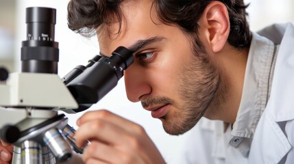 Fototapeta premium Young Man Looking Through a Microscope