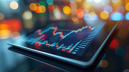 Detailed shot of a digital tablet with a financial app interface showing stock market trends and graphs.