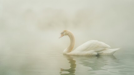 Graceful swan swimming in a foggy lake, creating a serene and peaceful scene with soft, muted tones and beautiful reflections in the water.