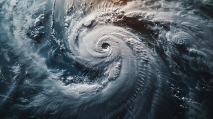 An ominous hurricane swirling over the ocean, seen from a satellite perspective.