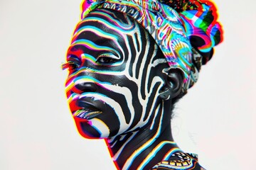 Portrait of black woman with visual distortion effect, striking portrait with visual illusion stripes and waves, AI generated image