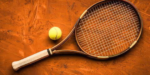 Tennis racket and ball on wooden background, sports concept.