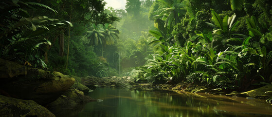 A tranquil river flows through a dense, lush green jungle bathed in soft sunlight, portraying serene natural beauty.