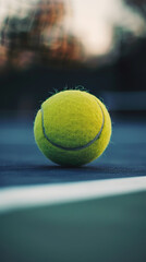 Close-up of tennis ball on court with blurred background