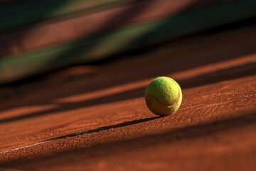 Close-up of tennis ball on clay court with sunlight and shadows