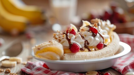 A dish of Vietnamese cuisine. Banana split with whipped cream.