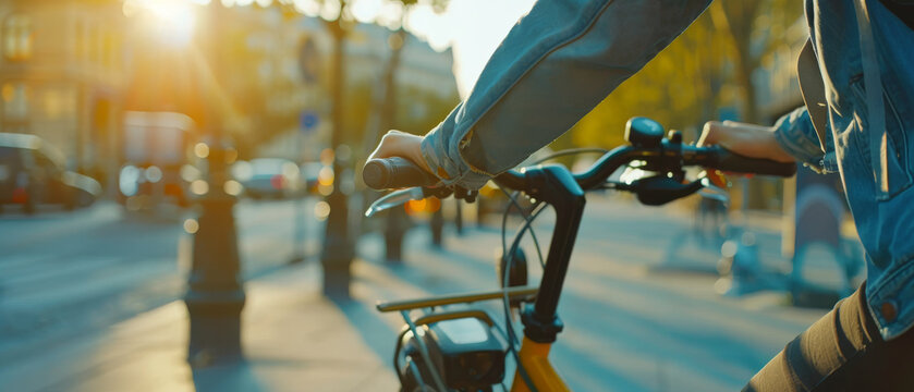 A cyclist rides through a sunlit urban area in the morning, the vibrant cityscape blurring into the background, embodying energy and a zest for life.