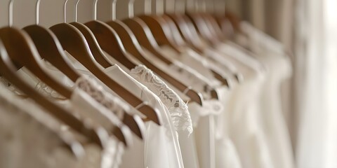 Elegant display of wedding gown hangers in a boutique. Concept Wedding Boutique, Gown Display, Elegance, Bridal Fashion, Boutique Decor