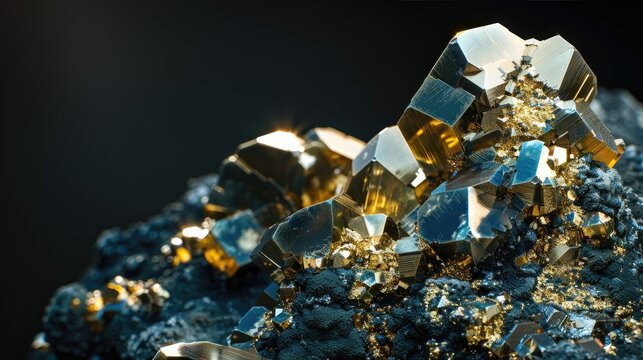 Chalcopyrite mineral with tetragonal structure on black background