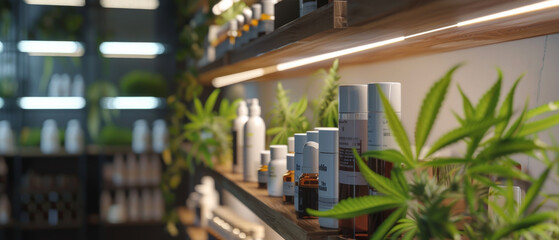 Shelves lined with various cannabis products in a modern, well-lit dispensary, showcasing a range of health and wellness options.