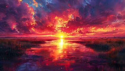 Fototapeta premium A birds-eye view of a tribal rain dance under a dramatic sunset, vibrant traditional garments, dynamic storm clouds gathering, oil painting style