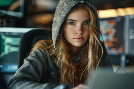 A Hacker's Gaze: A Young Woman Focused on Code in a Dimly Lit Workspace