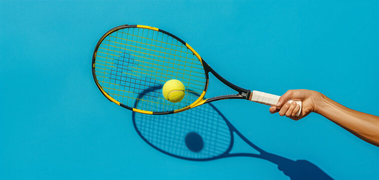 Tennis Player Hands on Sunny Day Holding Racket and Hitting Tennis Ball