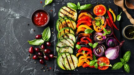 Fresh Basil Garnish on Grilled Variety of Vegetables Served on Stone Board