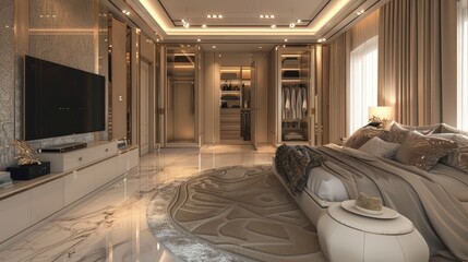 A stunning 3D rendering of a luxury modern bedroom suite, featuring a TV, spacious wardrobe