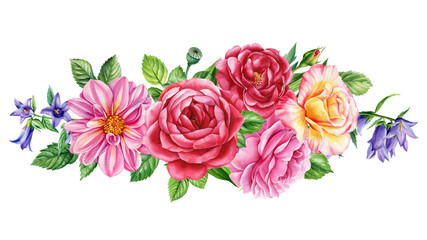 Bouquet garden flowers, green leaves on isolated, dahlia, roses, bluebell. Watercolor Hand painted floral clipart design